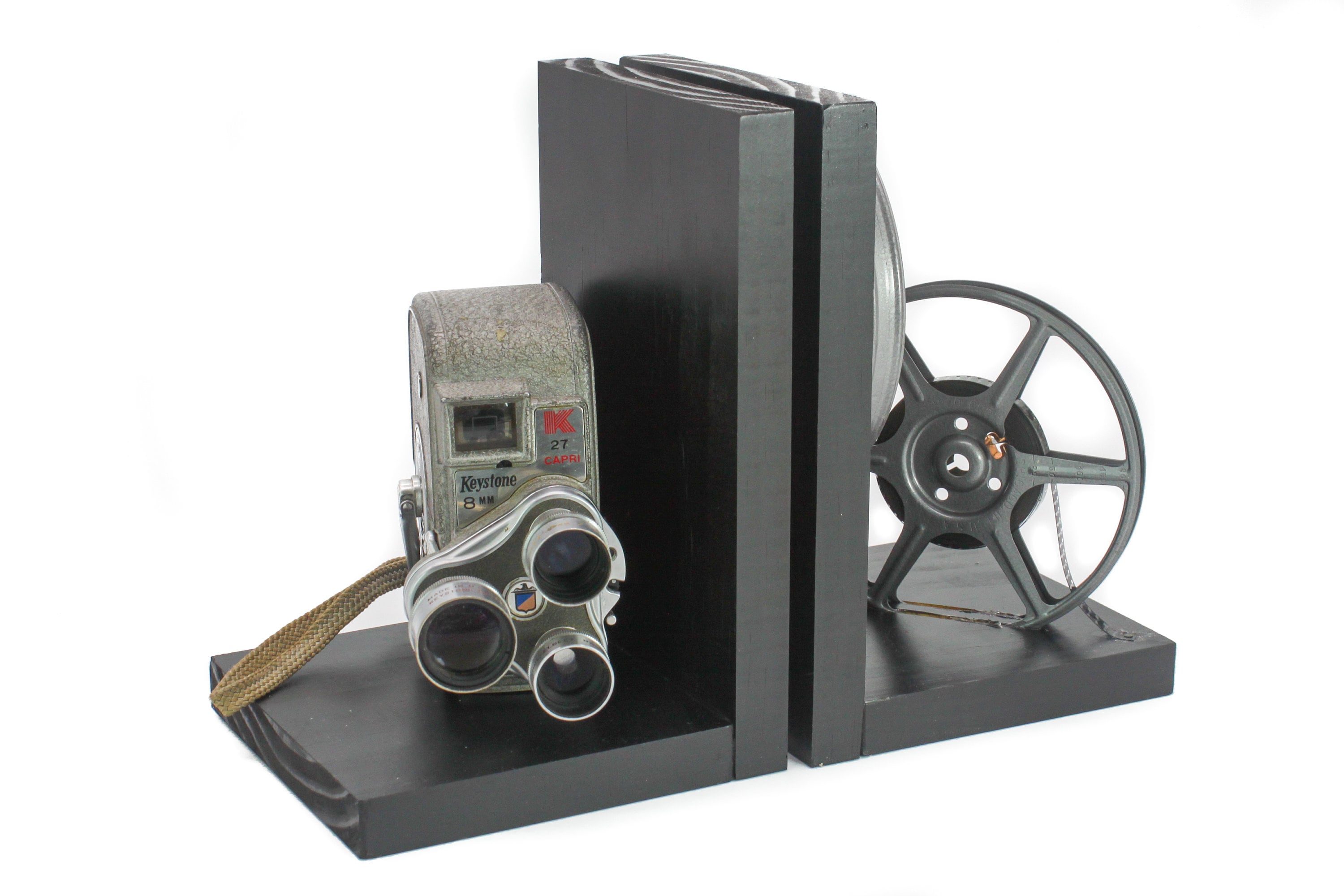 Wooden Vintage Movie Camera Bookends, Movie Room & Home Theater