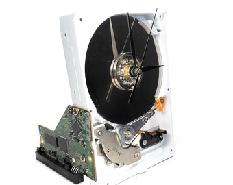 Upcycled White & Silver Hard Drive Desk Clock: Geek Tech Gift, Industrial Design