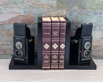 Vintage Ansco Rediflex Camera Bookends: Handmade Wood Decor