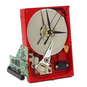 Upcycled Red & Silver Hard Drive Clock, Back to the office gift, Modern Desk Clock, Love Edition clock, gift for husband, geek, nerd, IT