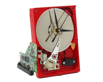 Upcycled Hard Drive Desk Clock: Red & Silver, Modern Tech Gift