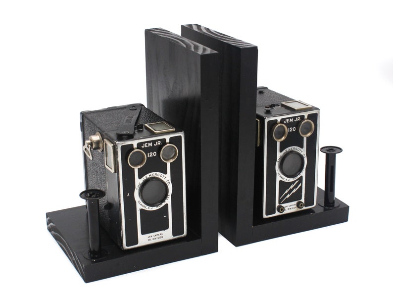 Vintage Art Deco Camera Bookends, JEM Junior 120 Box Camera, DVD Holder, Movie Room Décor, Book Lover, Vintage photographer Gift image 3