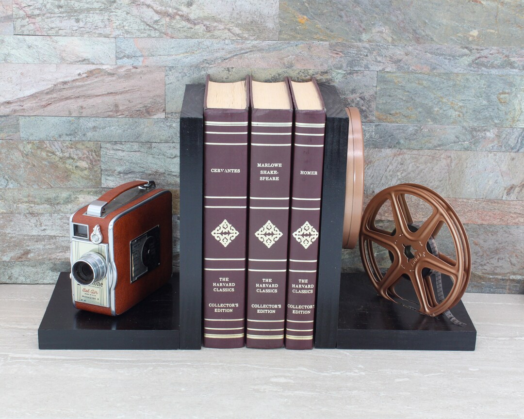 Vintage Camera Bookends, Coppertone Brown Keystone Olympic, DVD Movie Room & Home Theater Décor
