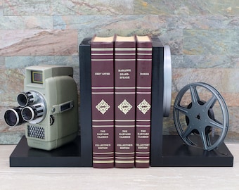 Vintage Camera Bookends: Sekonic 8mm Film Reel Movie Decor
