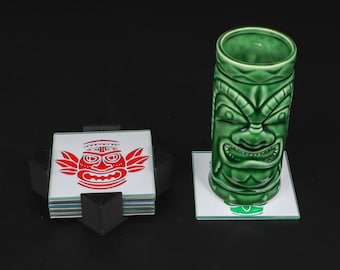 Tiki 3D-Glass Coaster Set for Drinks with Holder, Barware, Set of 4 or 6
