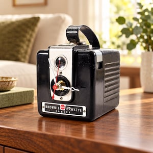 Puede incluir: Una cámara Kodak Brownie Hawkeye negra reconvertida en reloj. La parte frontal presenta una placa plateada, un objetivo circular y manecillas blancas con un segundero rojo. Un asa negra se sitúa en la parte superior y una etiqueta indica Brownie Hawkeye Camera.
