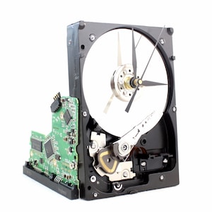 Upcycled Black & Silver Hard Drive Clock - Modern Desk Clock - Gift for geeks, nerds, office, IT, new job gift, industrial design