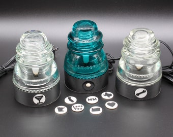 Lamp Base kit with icon inserts for "Hemingray-42, -45" Glass Insulators, Industrial Lighting, Man Cave Deco, Cyberpunk Lamp