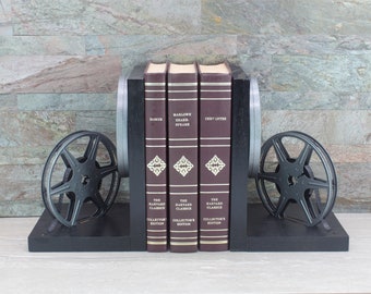 Vintage 8mm Film Reel Bookends, DVD Holder, Movie Room - Home Theater Decor, Movie Maker Director & Actor Gift, Handmade in USA