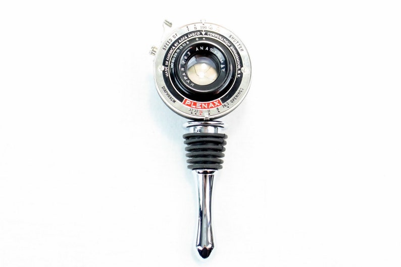 Wine and Champagne Bottle Stopper with art deco display stand Vintage PB20 Plenax Agfa Folding Camera Lens image 2