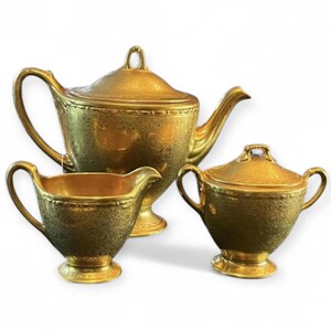 Vintage 1940s Wheeling 22k Gold Teapot Set - Birds & Flowers Pattern - Midcentury Gilded Tea Service