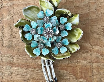 Vintage Coro Blue Enamel Flower Bouquet Brooch Rhinestone Green Enamel Signed Pin