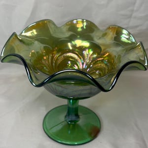 Vintage Imperial Glass Helios Green Carnival Glass Embossed Scroll Compote 5.5"