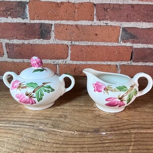 Vintage Continental Kilns Green Arbor Creamer Sugar Set, Hand-Painted Floral Cottage Pottery