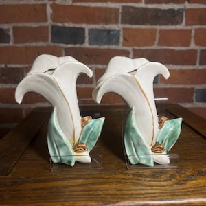 Pair Vintage McCoy Calla Lily Wall Pockets, White Green Gold Ceramic Flower Vases, 8 Inch