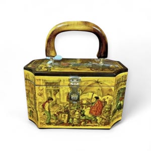 Vintage 1966 Anton Pieck Wooden Box Purse – Curiosity Shop Scene – Dickensian Decoupage Handbag