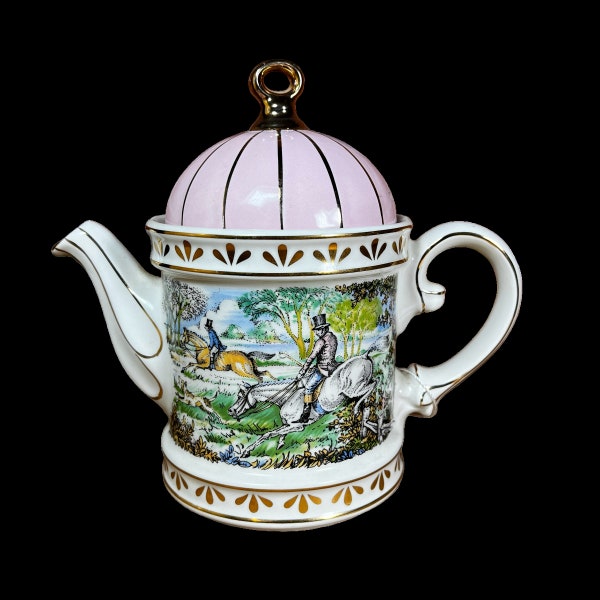 Porcelain Teapot Sadler Sporting Scenes of the 18th Century Pink Lid