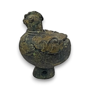 Primitive Japanese Cast Bronze Rooster Koro – Rustic Incense Burner or Votive Vessel – Folk Art Metalwork