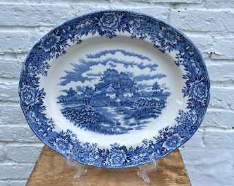 Vintage Salem English Village Blue Transferware Oval Serving Platter 12” Alfred Meakin