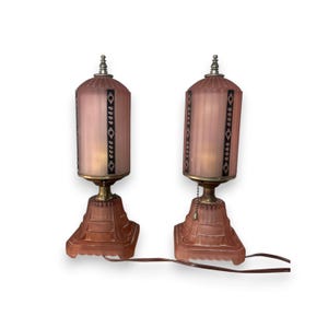 1930s Art Deco Pink Satin Glass Skyscraper Boudoir Lamp Pair