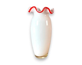 Vintage Art Glass Vase – White Cased Glass, Red Ruffled Rim