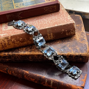 Vintage Mexican Silver Bracelet with Blue Czech Glass | Art Deco Style Panel Link | Signed “Silver Mexico” | 7 Inch