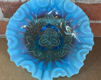 Jefferson Glass Co. 1908 Meander Blue Opalescent Dish Ruffled 3-Footed Nr. 233