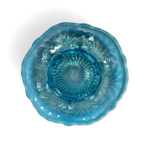 Jefferson Blue Opalescent Glass Bowl – Scroll with Fans Pattern, Antique 1900s Art Glass, 8.75” Scalloped Edge Dish