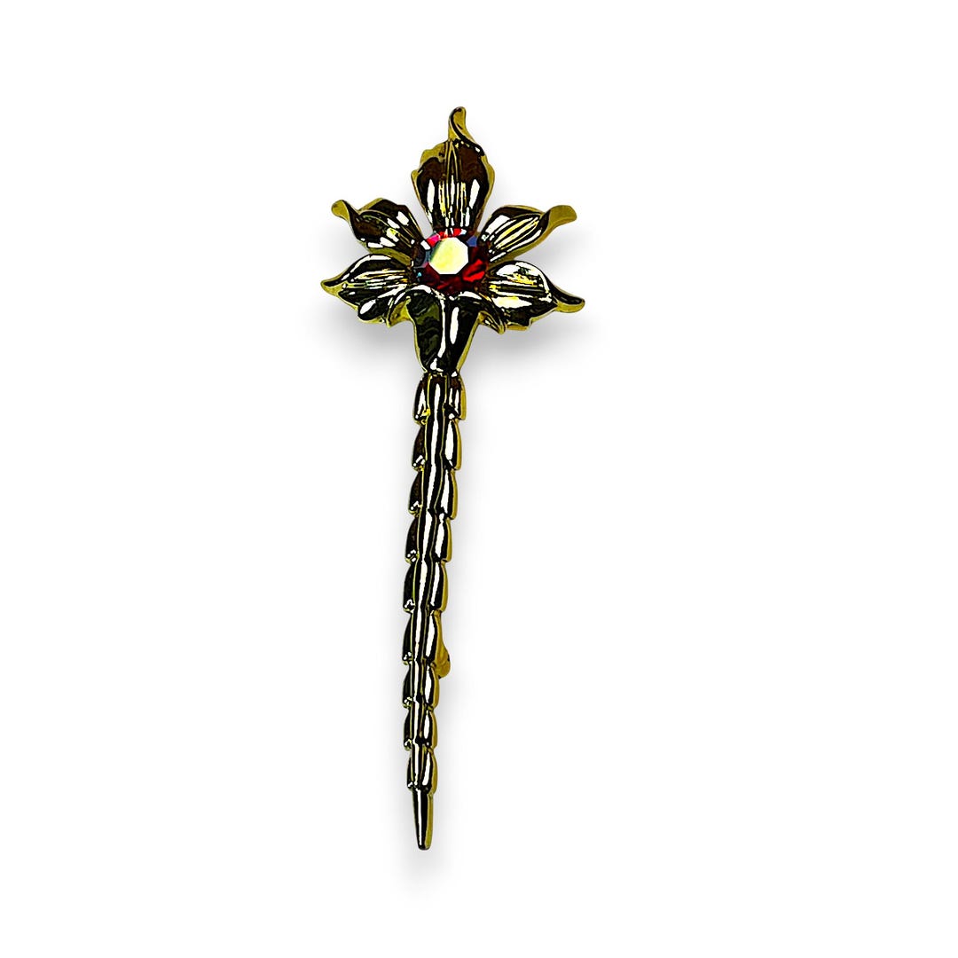 Vintage Emmons Long Floral Brooch, Goldtone With AB Ruby Red Stone - Etsy