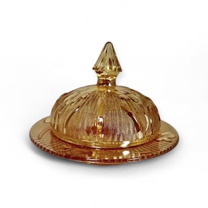 Jeannette Glass Iris & Herringbone Butter Dish | Iridescent Marigold | Round 1950s Reproduction | Depression Glass Style
