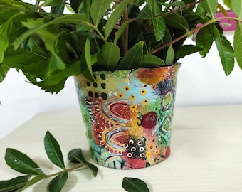 Small Indoor plant pot with drainage ,Polymer clay cozy home decor, Boho decor, Succulent planter pot gift for mom,Colrful pot with drainage