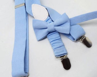 Children's suspenders with matching bow tie in pasell light blue