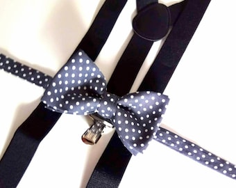 Suspender with bow tie in black - gray - dots