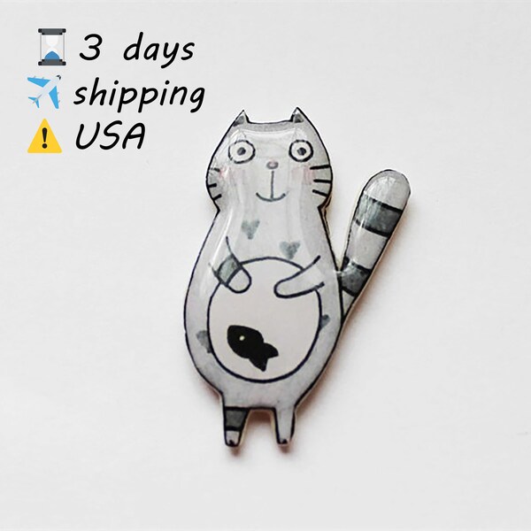 grey cat and fish pin cat pin cat gifts animal brooch Animal pin Animal gifts cat jewelry animal jewelry animal lovers cat lovers pet gifts