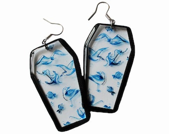 Handmade Coffin-Shaped Ear Dangle Earrings with a Marine Theme