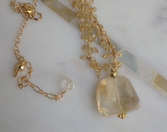 Yellow Citrine Nugget Pendant Necklace with Citrine Cluster Chain