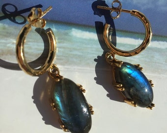 Labradorite Textured Hoops/ Gemstone Dangle Hoopa