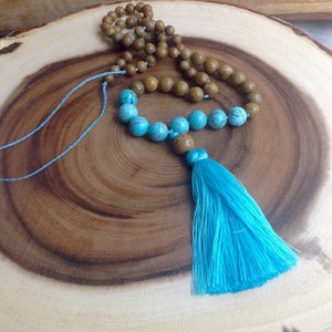 Turquoise Brown Stone Tassel Necklace/ Knotted Boho Festival Necklace