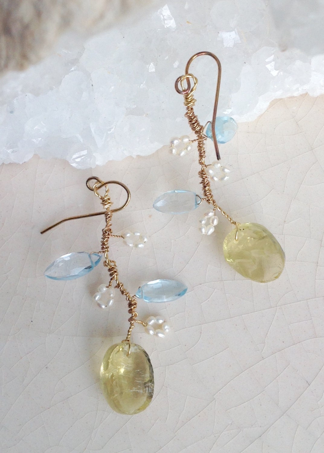 Wire Wrapped Topaz Citrine Pearl Earrings/ Nature Inspired/ | Etsy