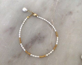 Gold White Seed Pearl Bracelet/ Bridal Jewelry/ June Birthstone