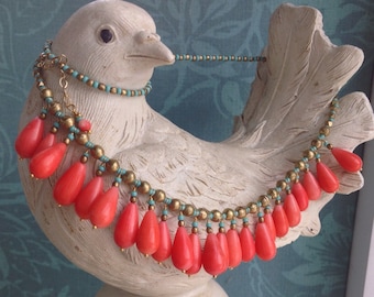 Collar Choker Necklace/ Coral Turquoise Tribal  Necklace/ Resort Beach Jewelry