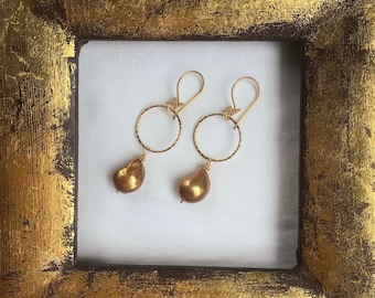 Golden Pearl Circle Dangles/ Gold Organic Pearl Circle Earrings
