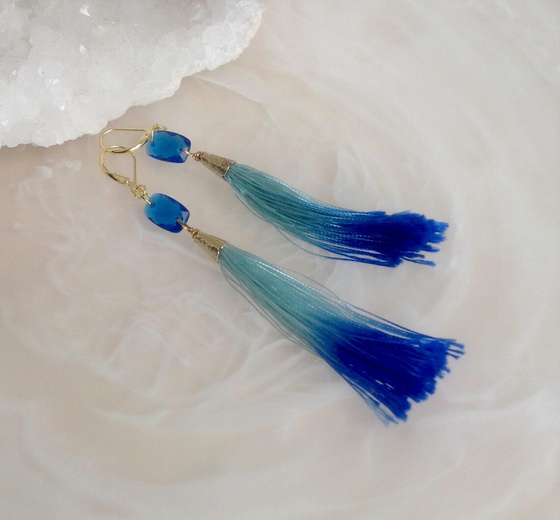 Ombré Blue Tassel Earrings/ Boho Resort Style Earrings/ Fabric Etsy