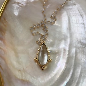 Clear Quartz Teardrop Pendant Necklace: Clear Bead Zircon Chain, Gold Filled Clasp