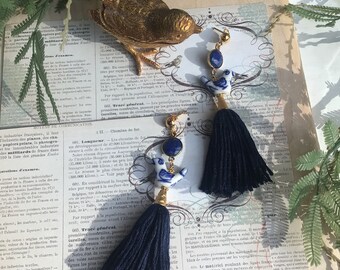 Gemstone Bird Tassel Earrings/ Navy Nature Lapis Statement Dangles