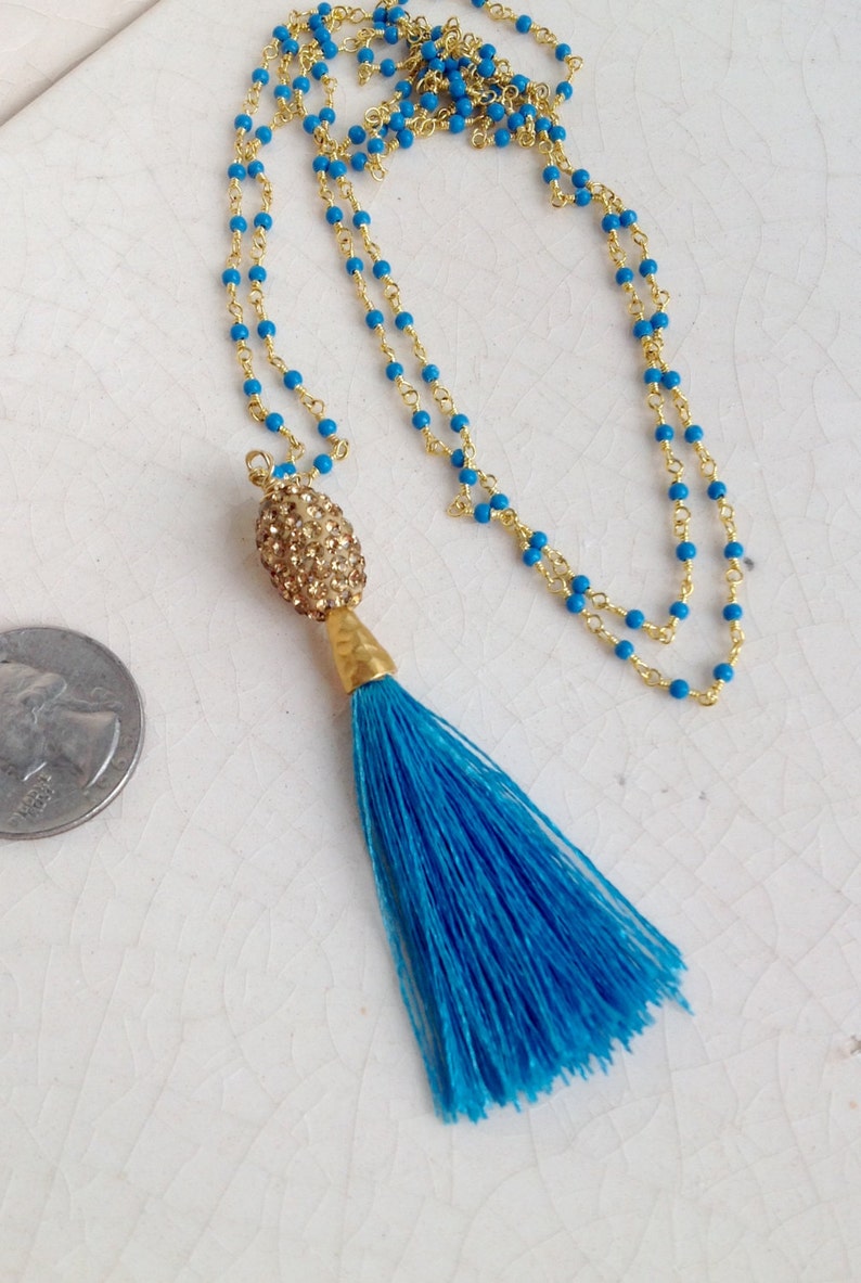 Turquoise Gold Tassel Necklace Pav\u00e9 Tassel Jewelry Resort Boho Necklace