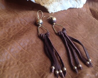 Long Boho Leather Fringe Earrings/ Brown Gold Tassel Earrings