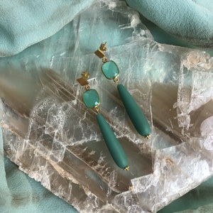 Long Aqua Dangles/Gemstone Glass Statement Earrings