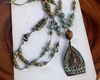 Rustic Amulet Knotted Necklace/Spiritual Yoga Zen Thai Buddha Relic Gemstone