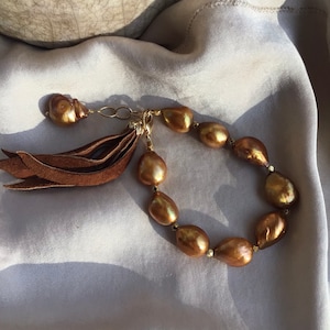 Gold Nugget Pearl Leather Bracelet/ Boho Rustic Tassel Bracelet